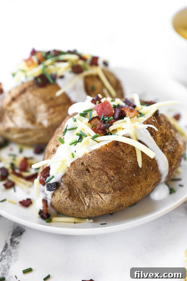 Air fryer baked potato sliced open and fluffed
