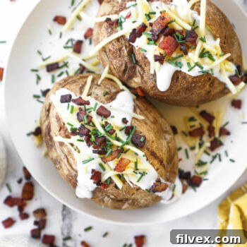 Overhead image of air fryer baked potatoes loaded with sour cream, cheese, bacon and chives