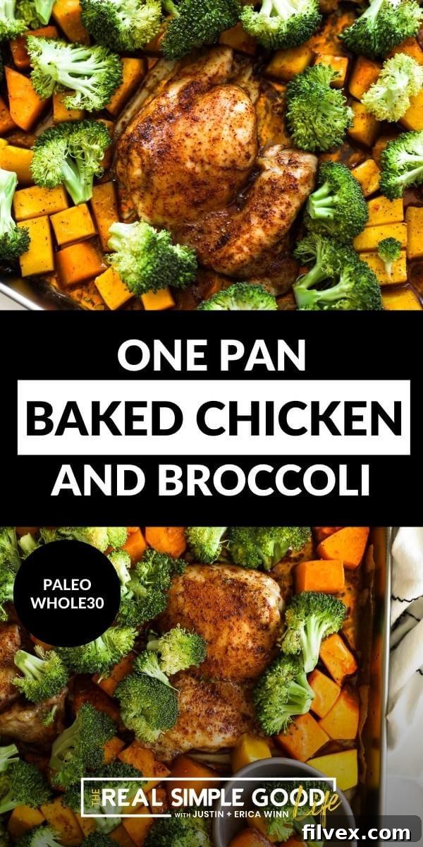 A dynamic split image showing a close-up of cooked chicken, broccoli, and squash on a sheet pan on the top, and a different angle of the same delicious meal on the bottom, emphasizing its appeal.