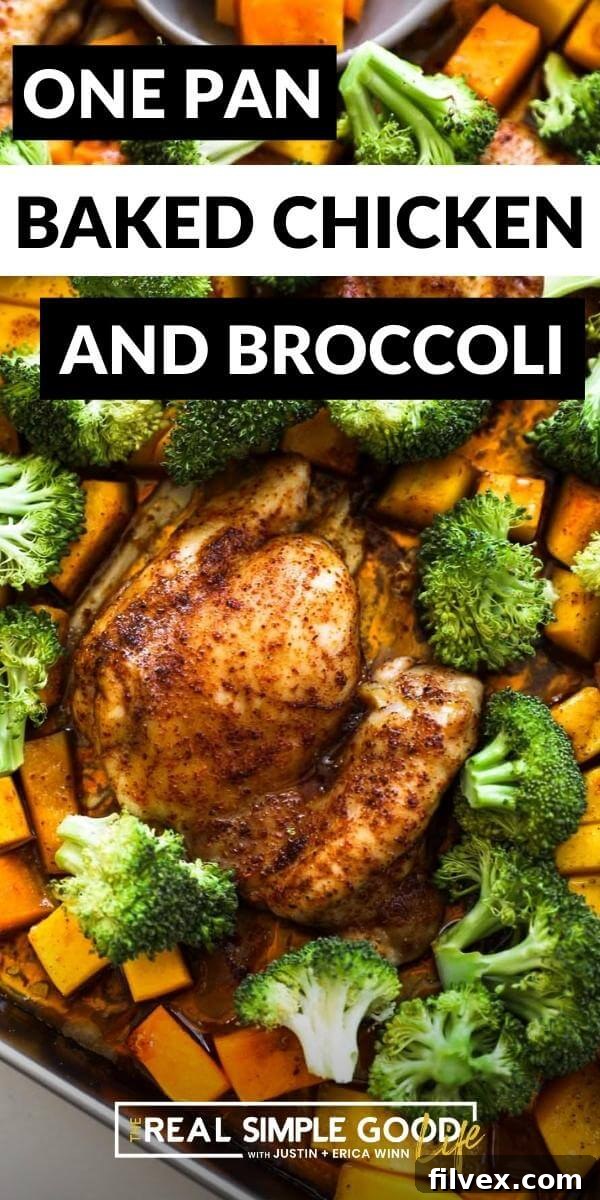 Close-up overhead shot of cooked chicken, broccoli, and butternut squash cubes, beautifully plated and ready to serve, with text overlay providing a final touch.