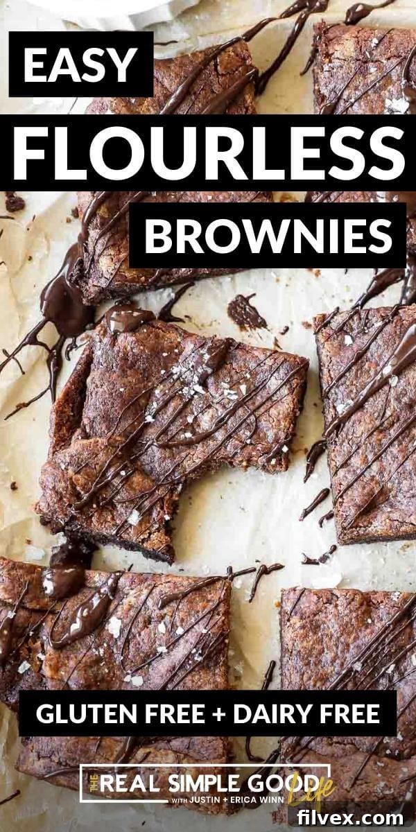 Vertical image with text overlay at the top. Image of sliced brownies on a sheet pan with melted chocolate drizzled on top and sprinkled with flaky sea salt.