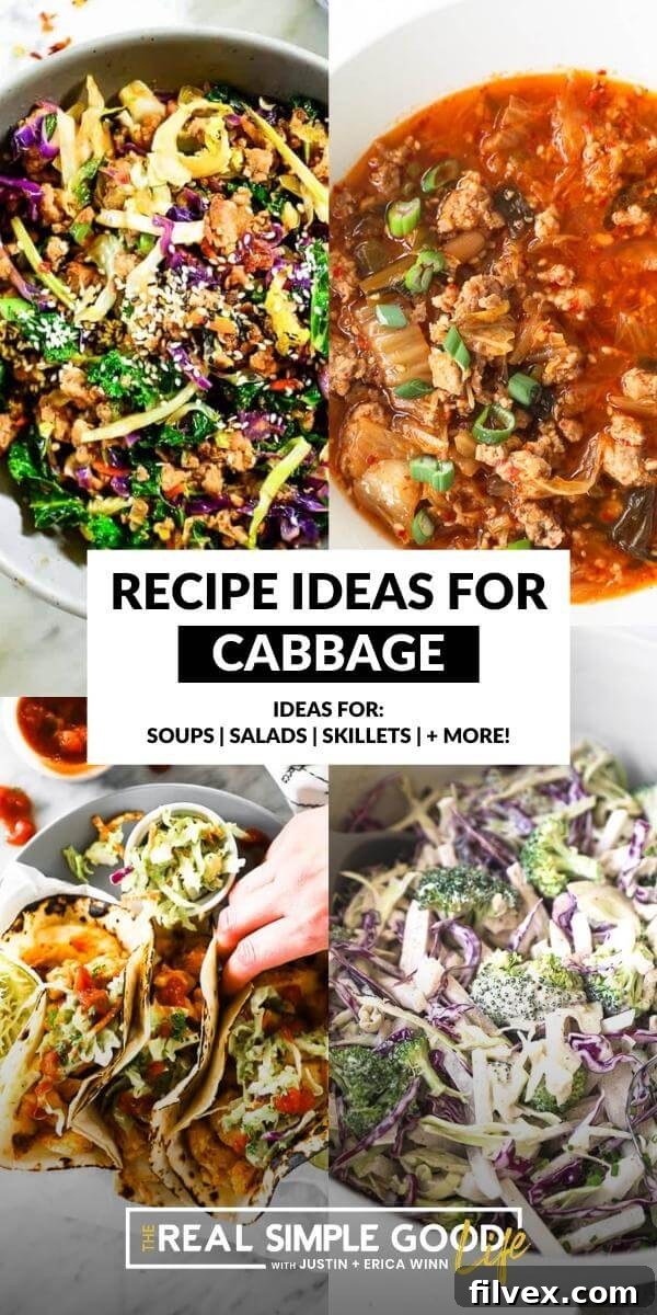 Collage of various cabbage recipes including soups, salads, and skillets.