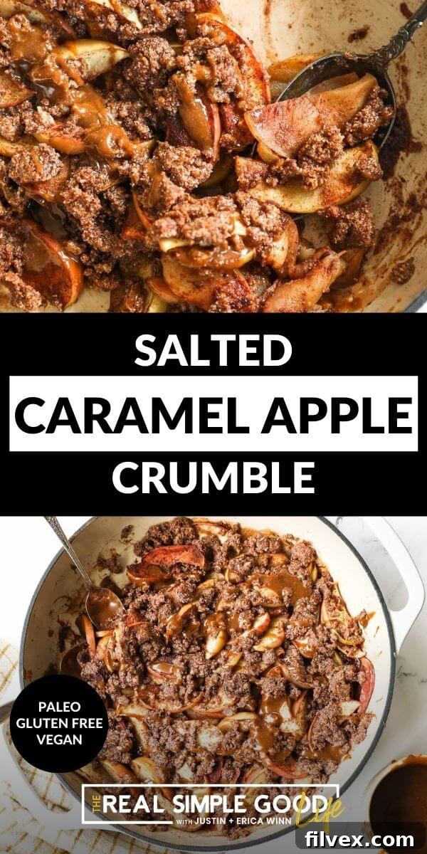 Vertical split image. The top half shows a close-up of a spoonful of apple crumble with generous salted caramel drizzle. The bottom half features the entire baked apple crumble in a skillet, adorned with caramel.