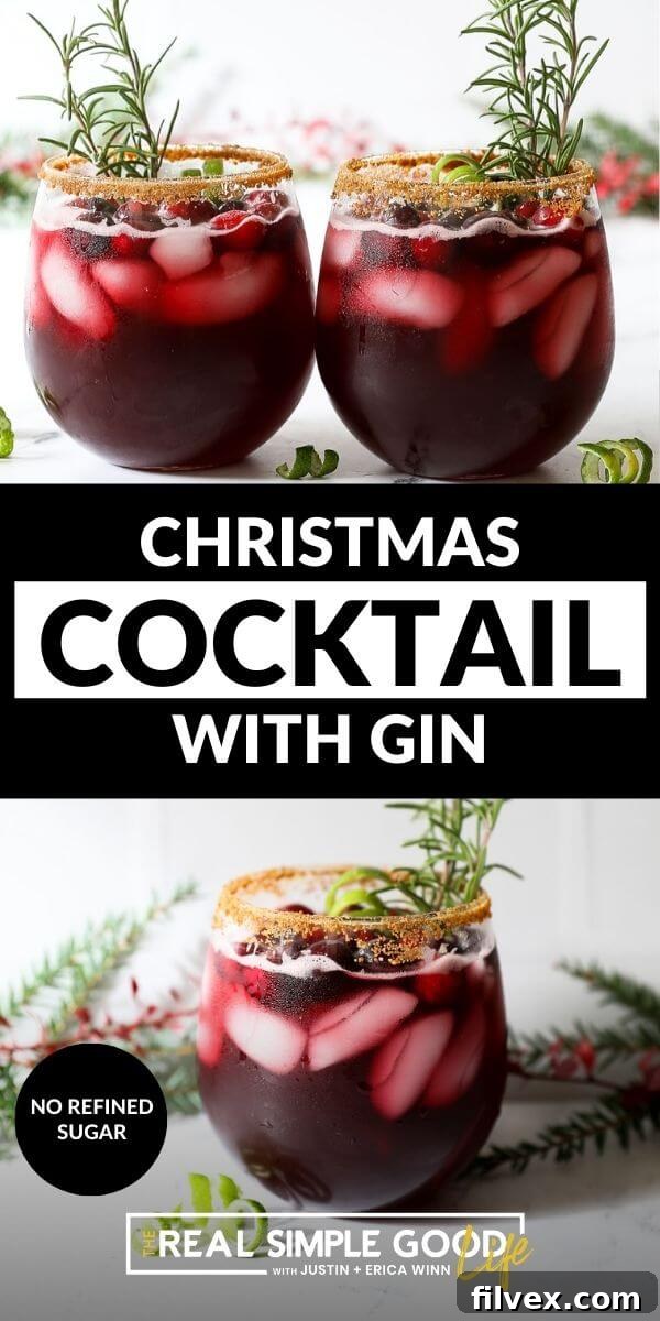Split image with text in middle. Two red gin cocktails on top and a single red gin cocktail on bottom, showcasing the beauty of the holiday drink.