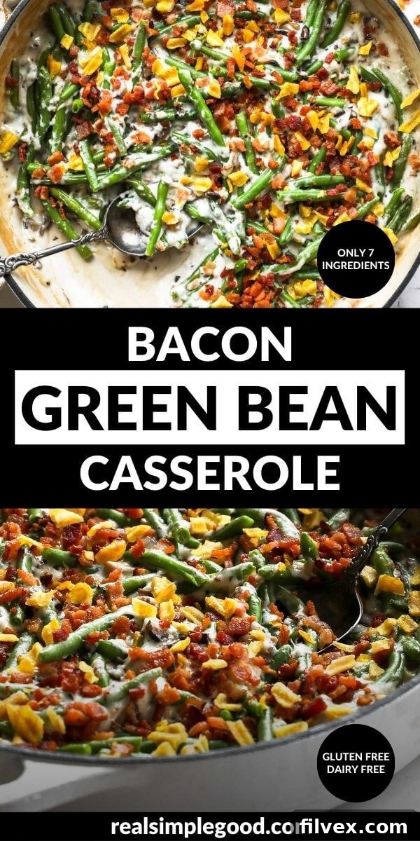 Vertical split image with text overlay in the middle. Top image is close up of a skillet full of bacon green bean casserole. Bottom image is an angled shot of the skillet with the casserole.