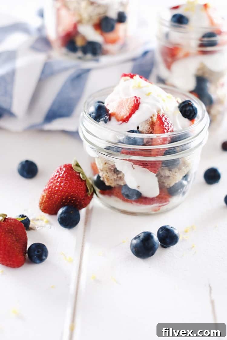 Delicious Paleo Berry Lemon Shortcake in Mason Jars, perfect for summer parties and the 4th of July. Gluten-Free and Refined Sugar-Free dessert.