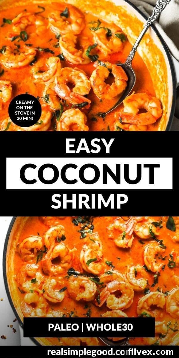 Beautifully plated creamy coconut shrimp, showcasing its vibrant flavors and appealing presentation.
