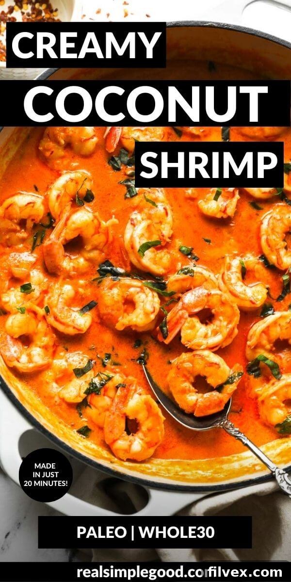 Overhead shot of creamy coconut shrimp in a bowl, ready to be enjoyed as a comforting meal.