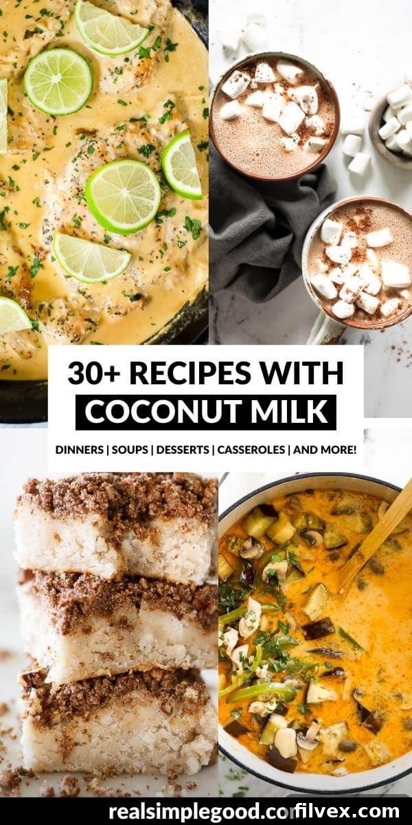A vibrant collage of various coconut milk recipes, showcasing a diverse range of dishes from creamy curries to refreshing desserts, highlighting the versatility of coconut milk in cooking.