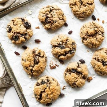 Overhead vertical image of a baking sheet with healthy vegan oatmeal raisin cookies. Extra oats and raisins in ramekins on the side.