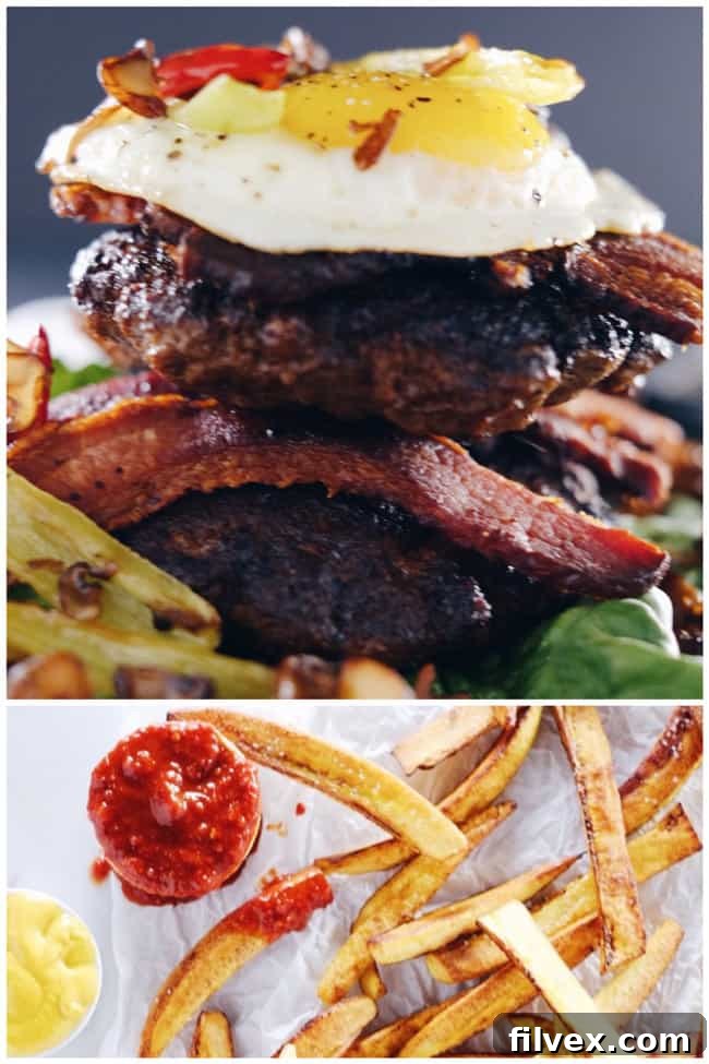 These chipotle bison burgers are an easy Paleo + Whole30 alternative to regular hamburgers. Topped with bacon, egg, peppers and mushrooms for amazing flavor! Paleo, Whole30, Gluten-Free + Dairy-Free | realsimplegood.com