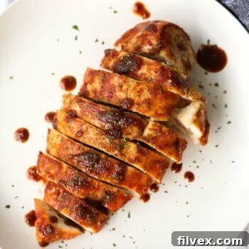 Sliced chicken breast on a plate with sauce drizzled on and around. Air fryer chicken breast cooked from frozen.