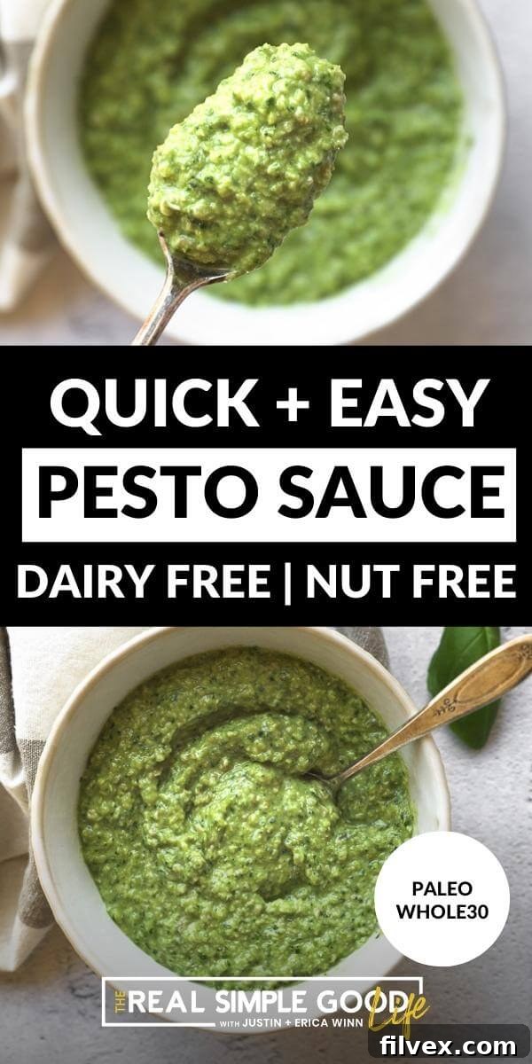 Vertical split image. Top half shows a spoonful of pesto, bottom half shows a bowl full of dairy and nut-free pesto with a spoon.