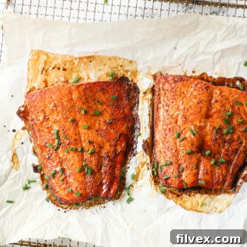Close up overhead image of two pieces of air fried salmon.