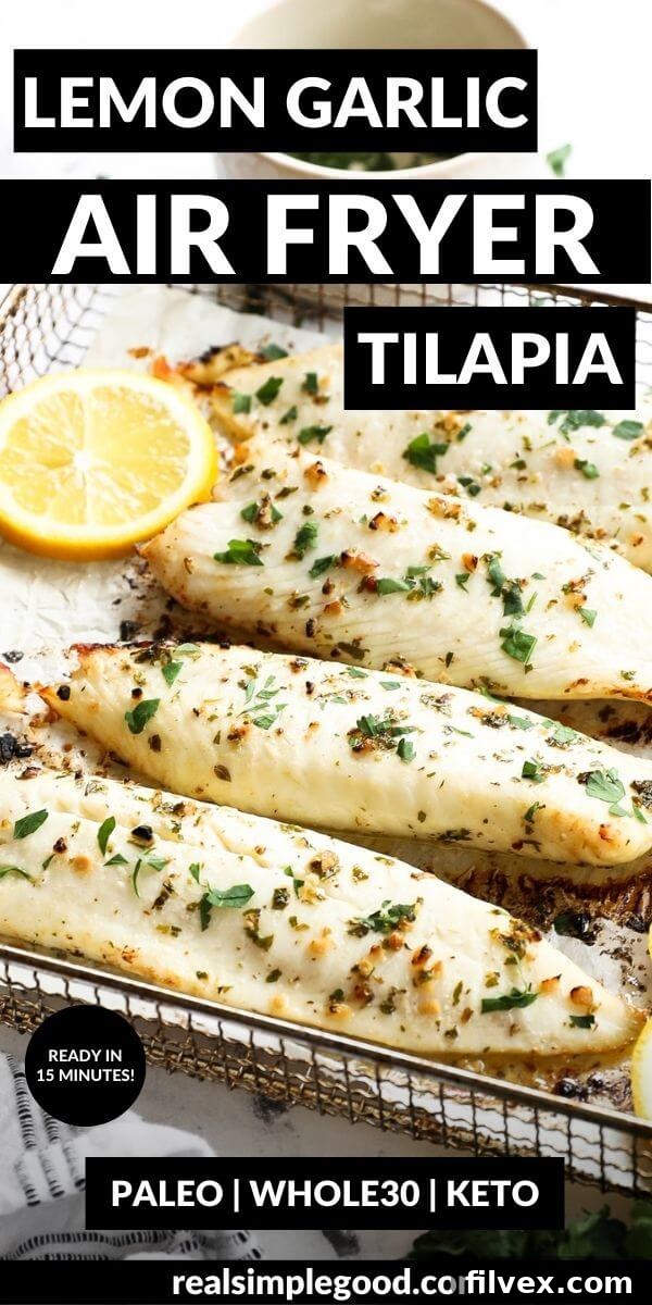 Vertical image with text overlay at the top. Image is angled shot of tilapia in basket with fresh parsley on top and lemon wedges on the side.