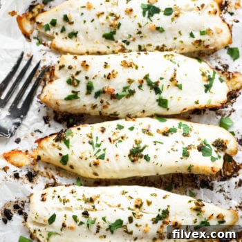 Overhead close up image of four pieces of tilapia lined up in a row. Fresh chopped parsley sprinkled on top.