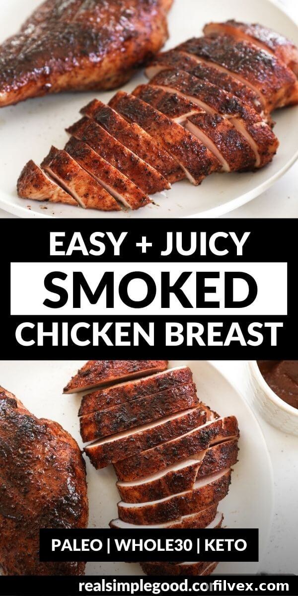 Vertical image overlay with text. Top: Angled shot of a sliced piece of smoked chicken breast. Bottom: Overhead image of sliced smoked chicken breast on a plate.