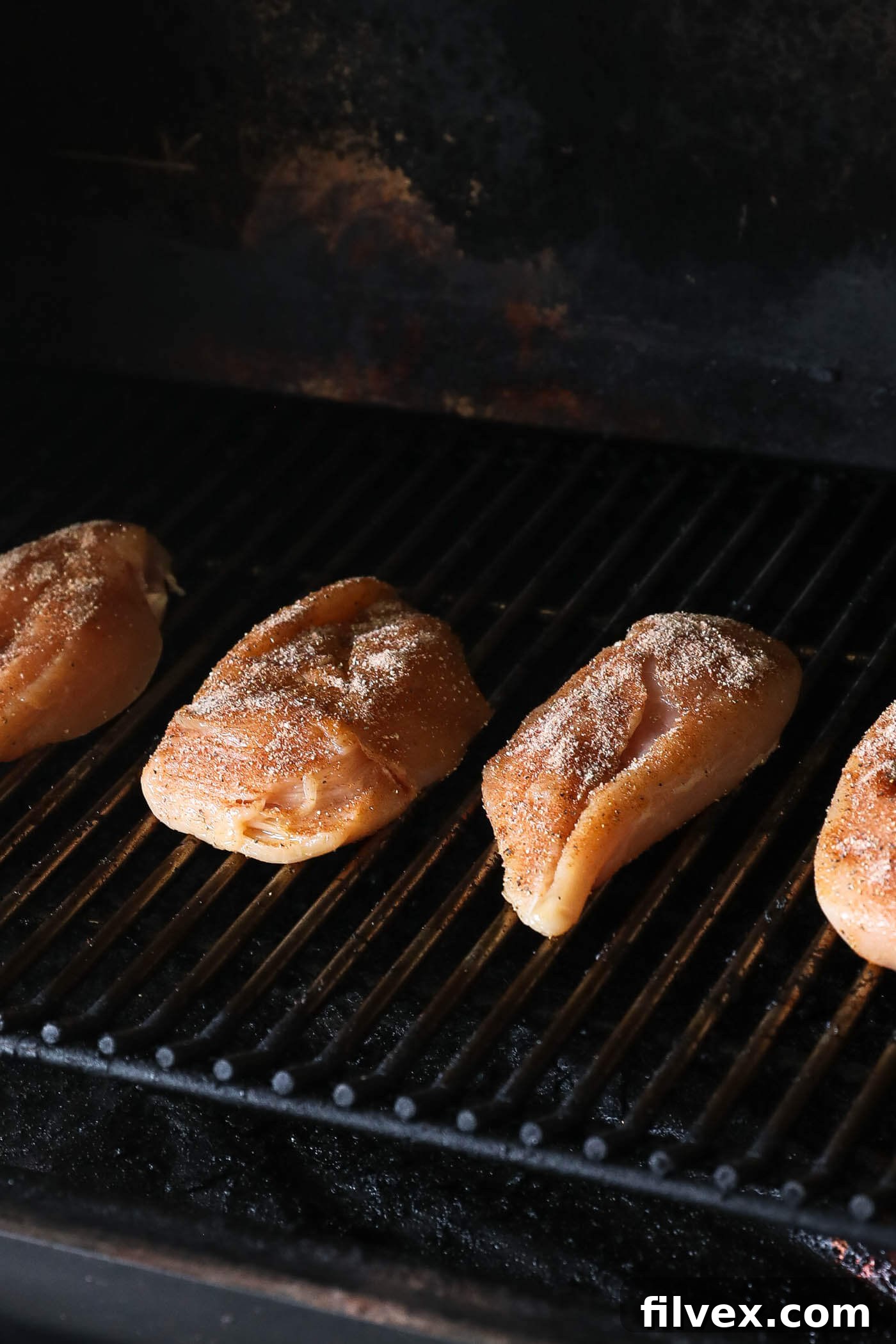 Chicken breasts smoking on a grill grate inside a smoker.