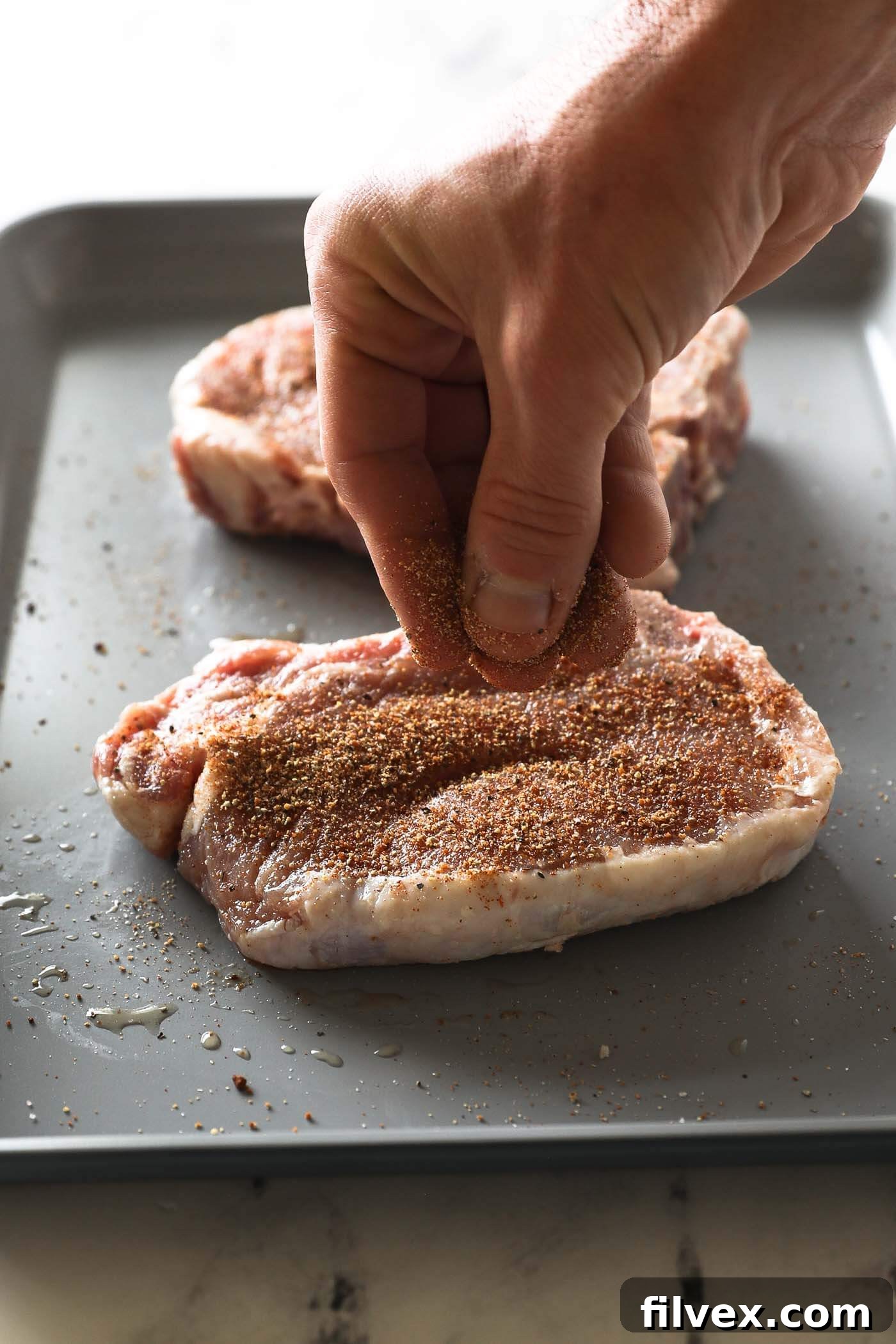 A pork chop being generously seasoned on both sides, ensuring full flavor coverage.