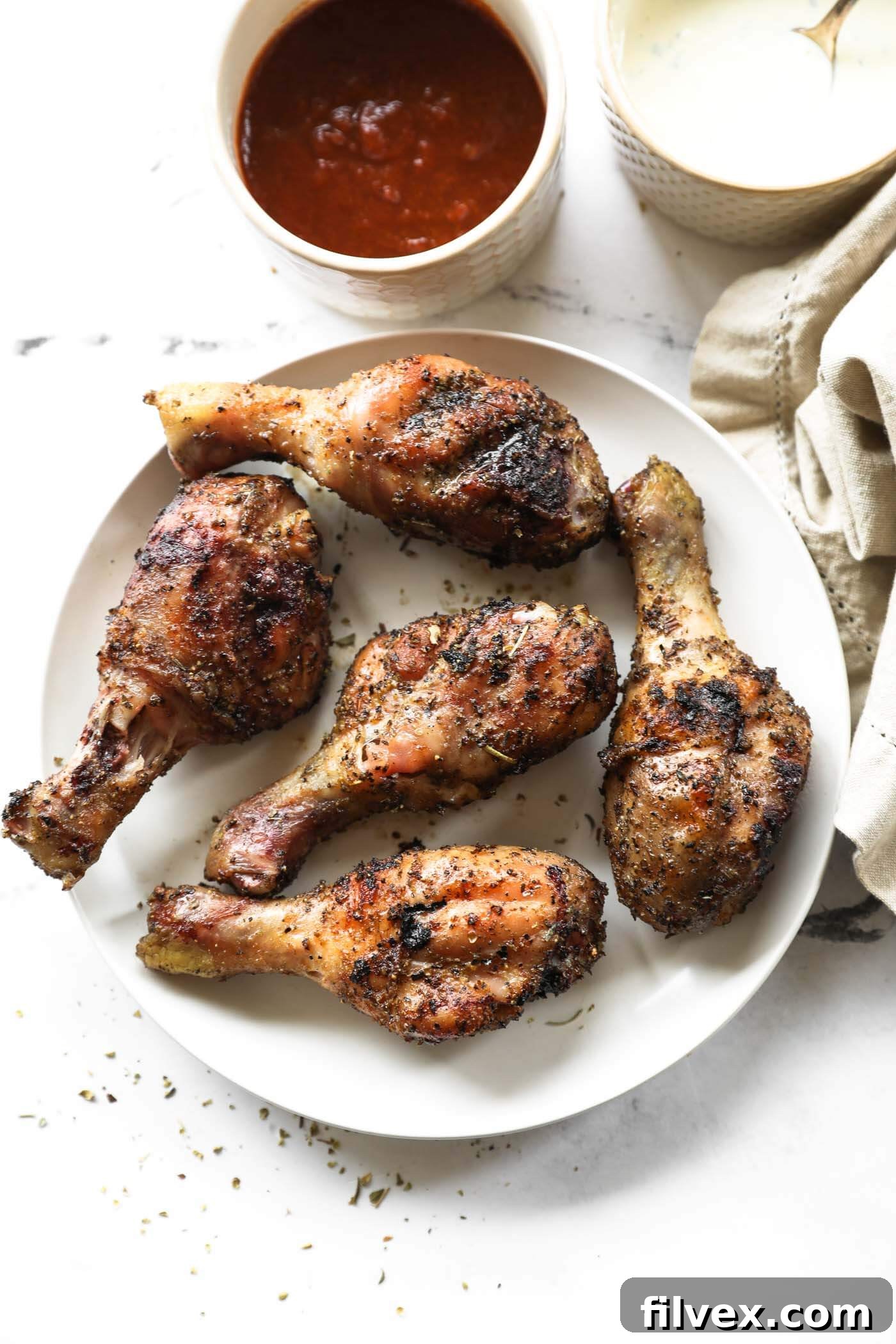 Perfectly smoked chicken legs with a golden, crispy skin on a white plate, garnished with fresh herbs and a sprinkling of spice rub.