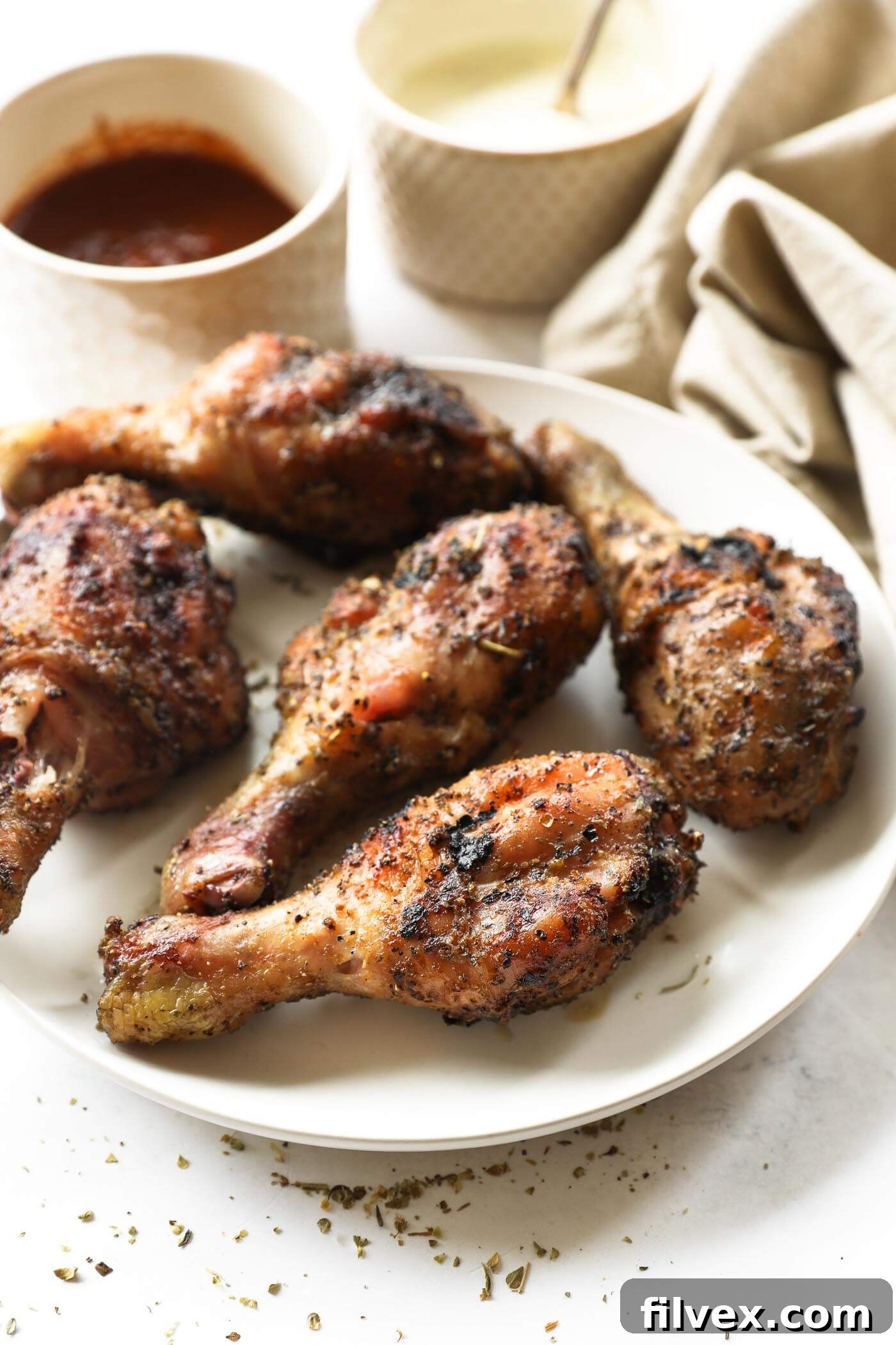 Golden-brown, crispy-skinned smoked chicken drumsticks arranged neatly on a serving platter, ready to be enjoyed.
