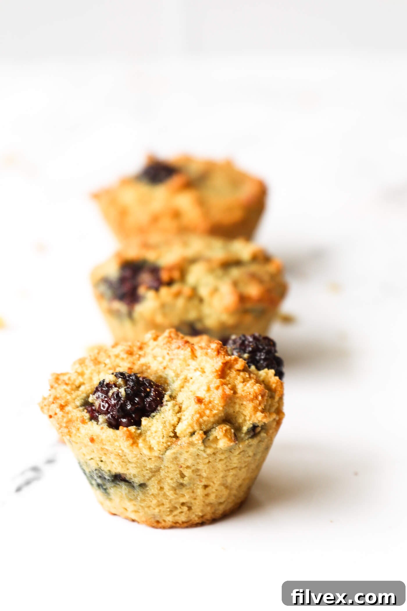 Three blackberry muffins lined up with the front muffin in focus and the other two blurry in the background.