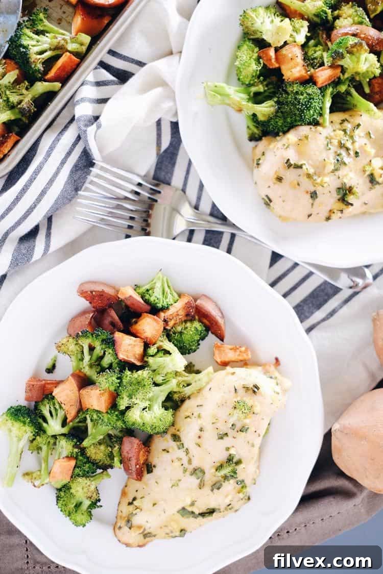 Freshly roasted One-Pan Honey Garlic Chicken, sweet potatoes, and broccoli ready to serve.