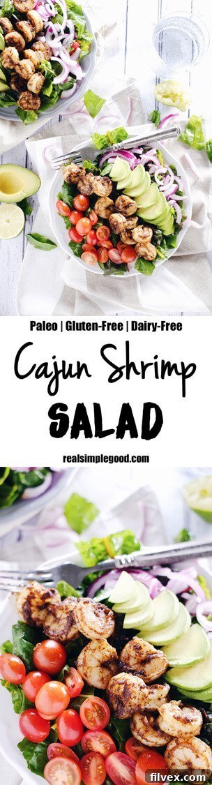 This cajun shrimp salad is an easy and fresh salad option. Make the Paleo + Whole30 salad packed with shrimp, avocado, tomato and onion! Paleo, Whole30, Gluten-Free + Dairy-Free. | realsimplegood.com
