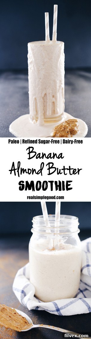 A final, enticing image of a glass of banana almond butter smoothie, ready to be enjoyed. Highlighted as a Paleo, Gluten-Free, Dairy-Free, and Refined Sugar-Free option for healthy living.