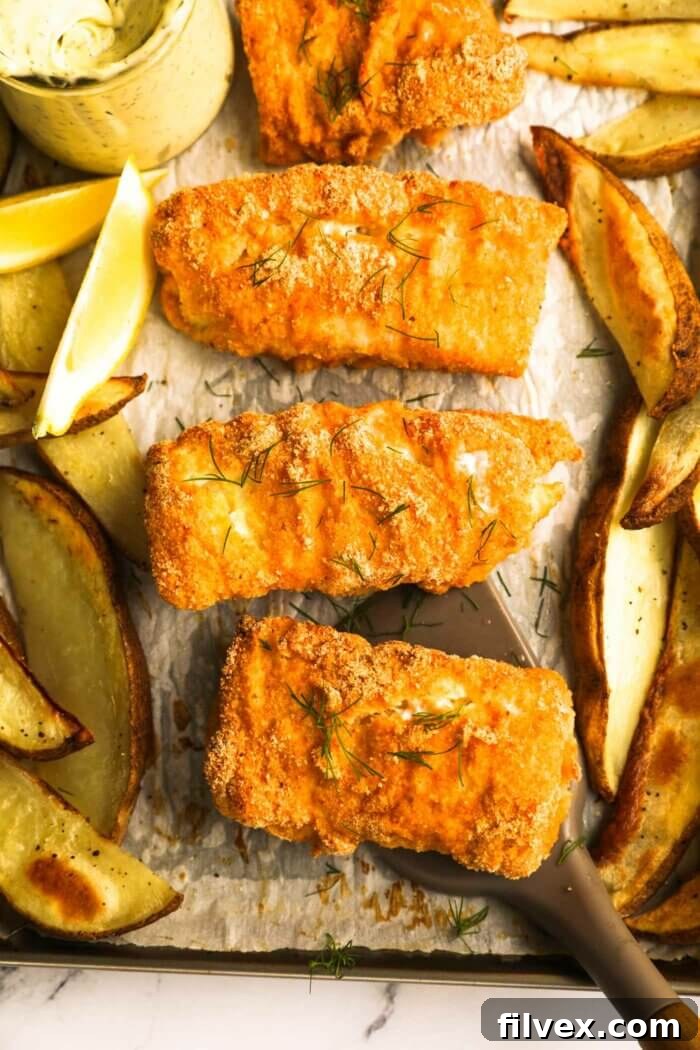 Close-up of golden-brown gluten-free fish and chips on a sheet pan, with a piece of perfectly baked fish being lifted by a spatula, showcasing its crispy coating and flaky interior.