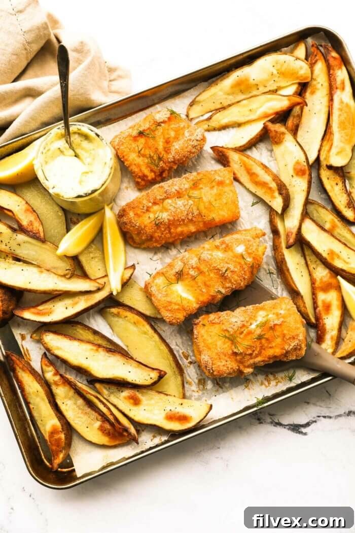 Overhead shot of a full sheet pan presenting crispy baked gluten-free fish and chips, arranged appealingly with fresh lemon wedges and a small jar of homemade tartar sauce for dipping.