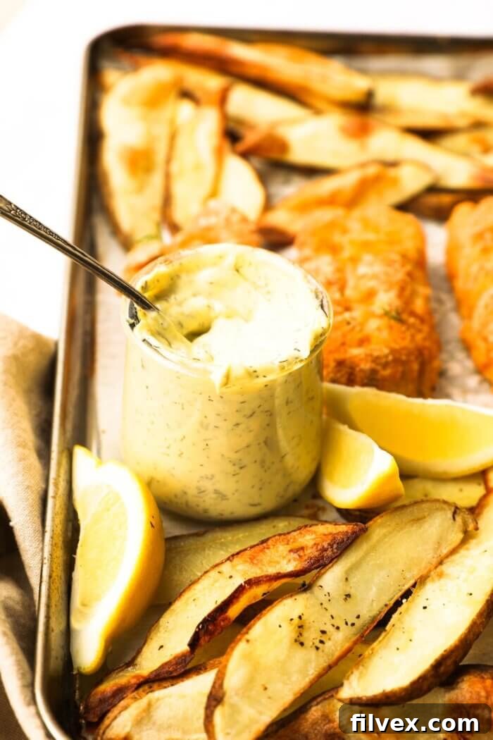A close-up of creamy homemade tartar sauce in a small glass jar with a spoon, placed enticingly on a sheet pan alongside golden baked gluten-free fish and chips, ready for dipping.