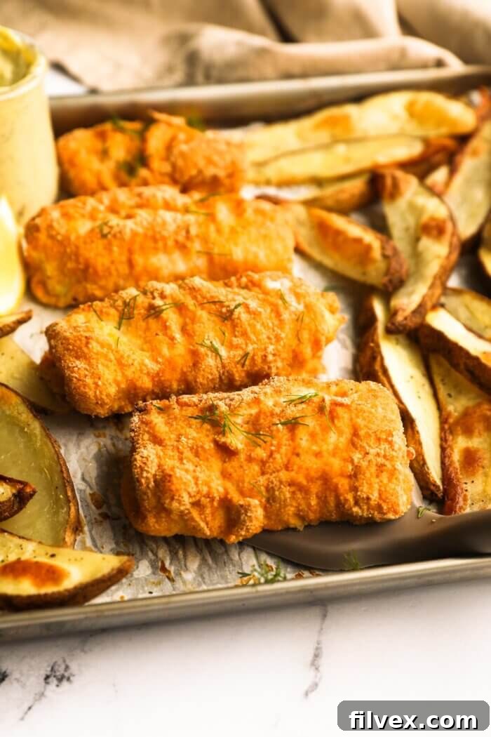 An angled view of four perfectly battered and baked cod fillets with a generous portion of crispy potato wedges on a sheet pan. A spatula is lifting one piece of fish, highlighting its flaky interior and golden crust.