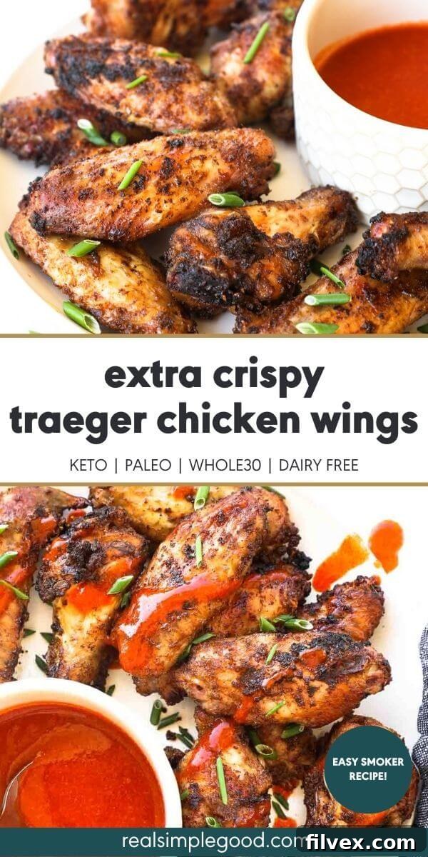 Vertical split image with text overlay in the middle. Top image is angled shot of wings on a plate. Bottom image is chicken wings piled on plate with buffalo sauce drizzled on top.