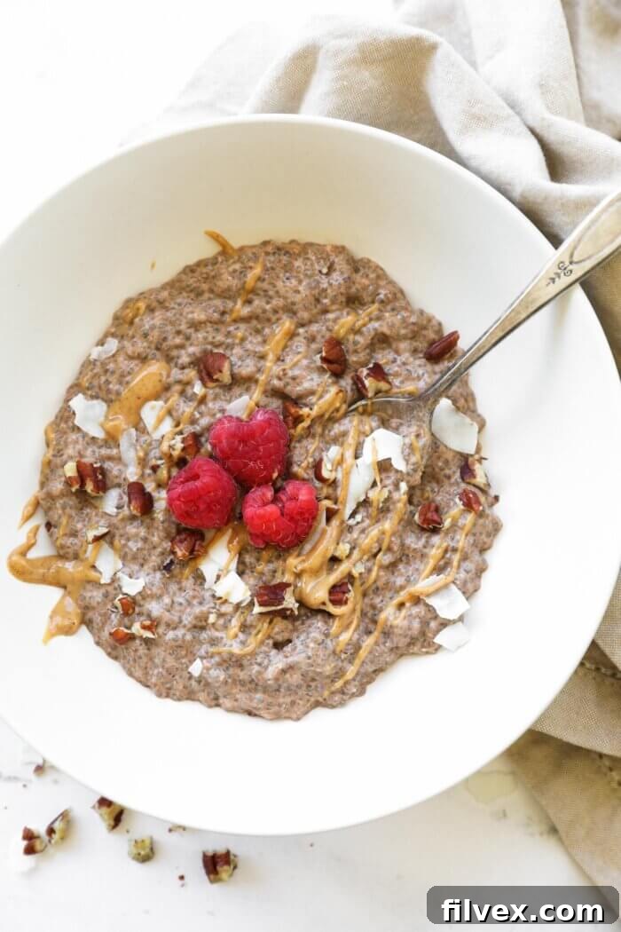 Overhead shot of a rustic bowl brimming with creamy keto chia pudding, artfully garnished with a swirl of peanut butter, delicate coconut flakes, crunchy chopped pecans, and vibrant raspberries.