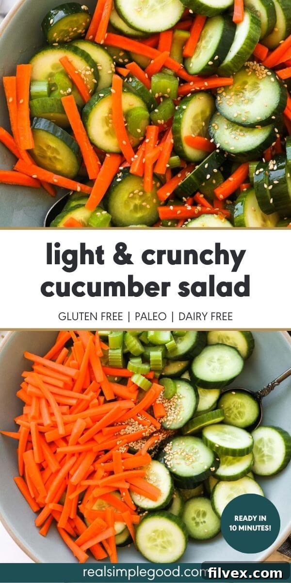 Vertical split image with text overlay in the middle. Top image is a close up of the cucumber carrot salad all tossed together. Bottom image has the ingredients all separated out in the bowl before tossing.