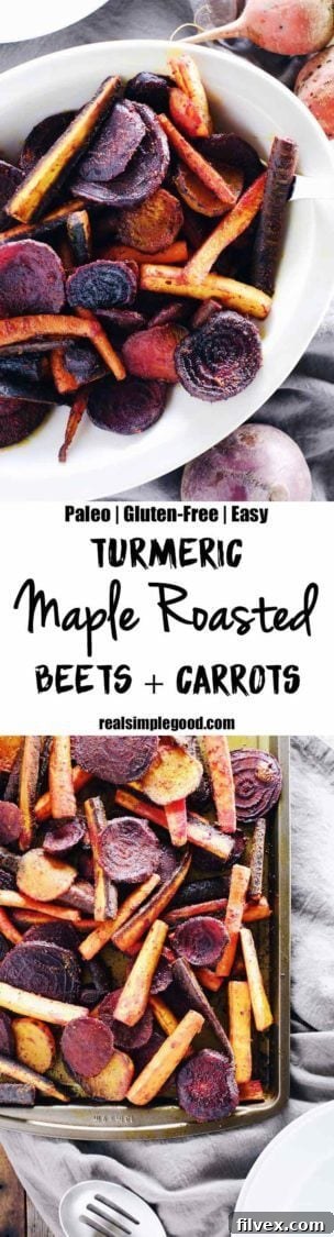A smaller image of the turmeric maple roasted beets and carrots, highlighting their vibrant color and texture.
