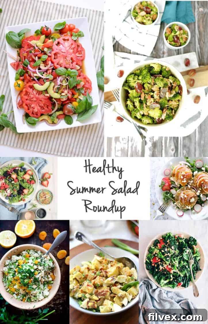 A collage of all 10 healthy summer salad recipes, inviting users to pin for later. Paleo and Gluten-Free.