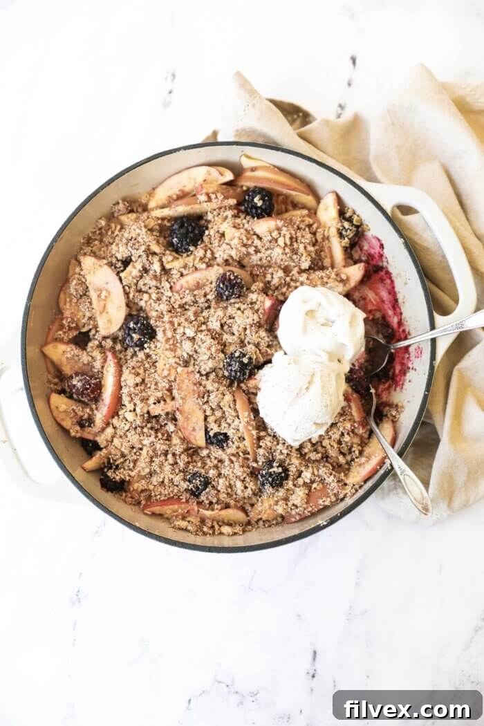 Overhead image of a skillet filled with blackberry and apple crumble, with two scoops of dairy free ice cream slowly melting and two spoons invitingly placed.