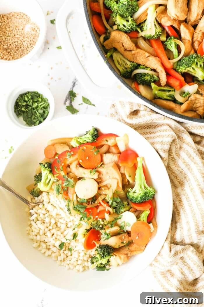 Close up of marinated chicken and bell peppers in a skillet