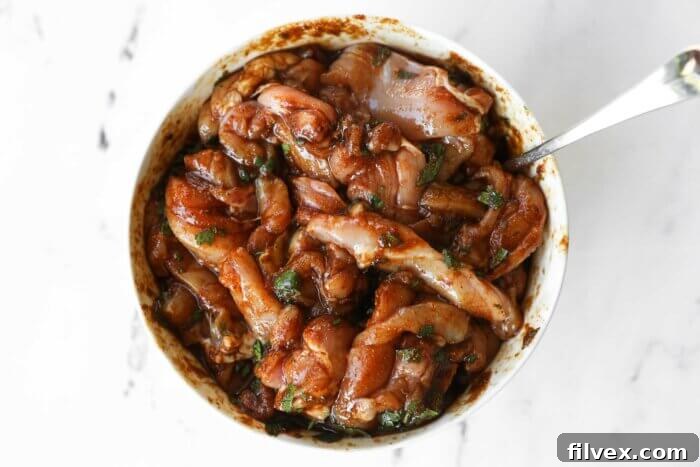 Chicken pieces in a bowl mixed up with fajita sauce