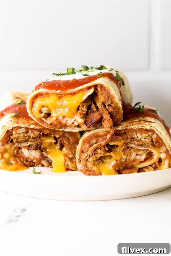 A perfectly rolled and baked carnitas burrito, golden brown, ready to be enjoyed.