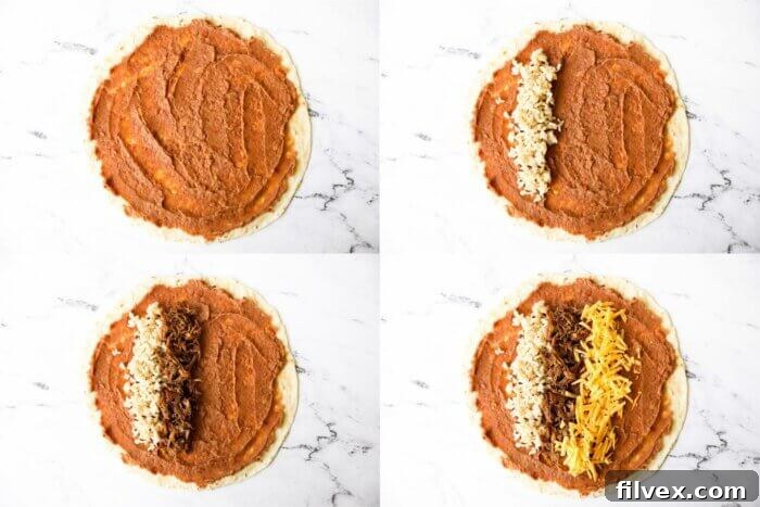 Collage of four images of a burrito tortilla with rice, carnitas and cheese being added