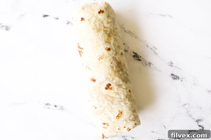 Overhead image of rolled up carnitas burrito