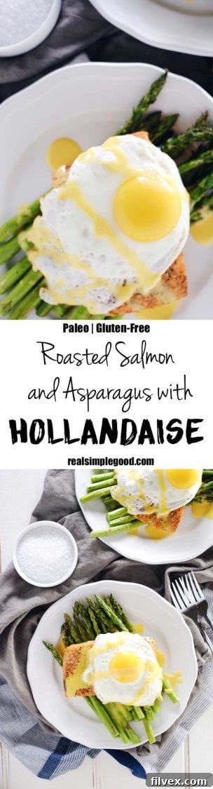 Pin this roasted salmon and asparagus with hollandaise recipe for later. A delicious Paleo, Whole30, and Keto-friendly meal idea!