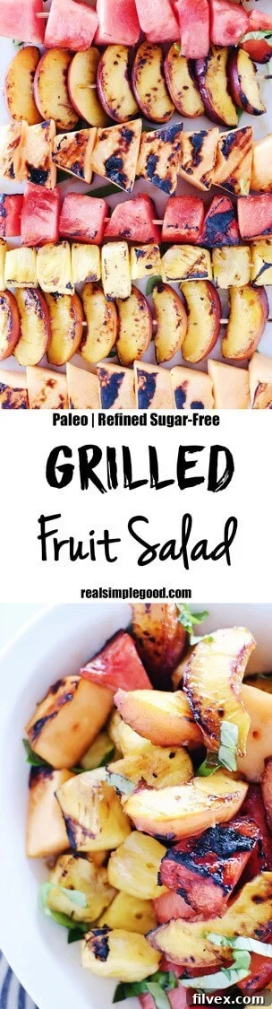 Vertical Pinterest graphic promoting a grilled fruit salad recipe.