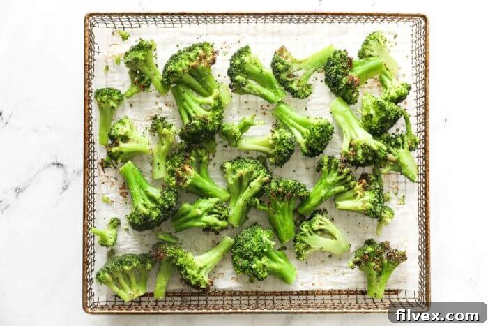 Cooked broccoli florets beautifully arranged in a single layer within an air fryer basket, showing even cooking.