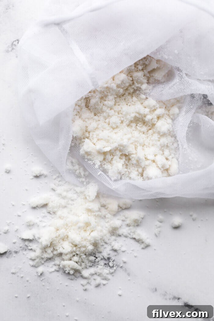 Overhead image of coconut pulp from nut milk bag after straining the milk.