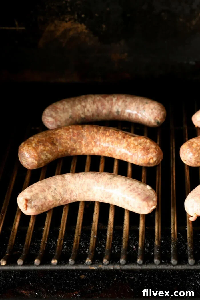 Sausage links carefully placed on a smoker grate, ensuring even spacing for optimal smoke circulation.