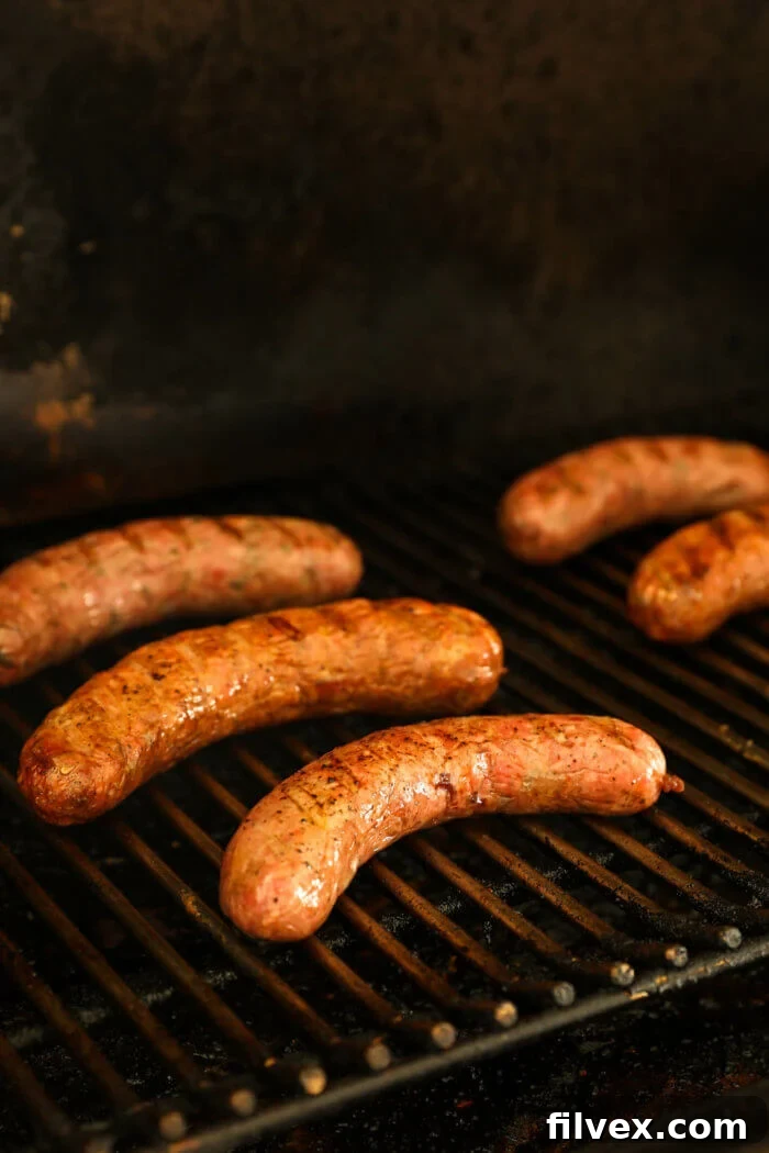 A digital meat thermometer inserted into a smoked sausage, displaying an internal temperature of 165°F.